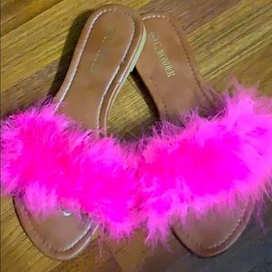 Hot pink fuzzy slipper sandals